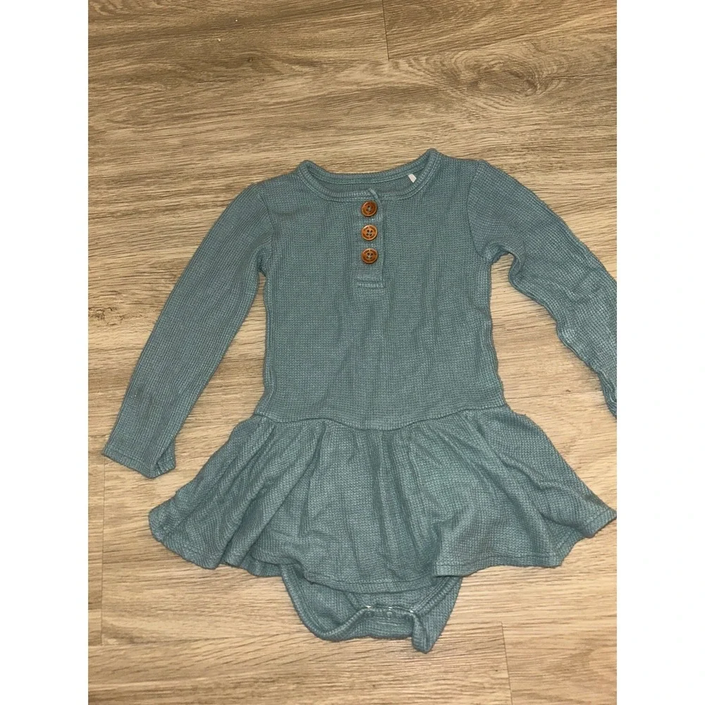 Posh Peanut 2T Blue Waffle Knit Long Sleeve Bodysuit Dress Henley Thermal Snaps‎